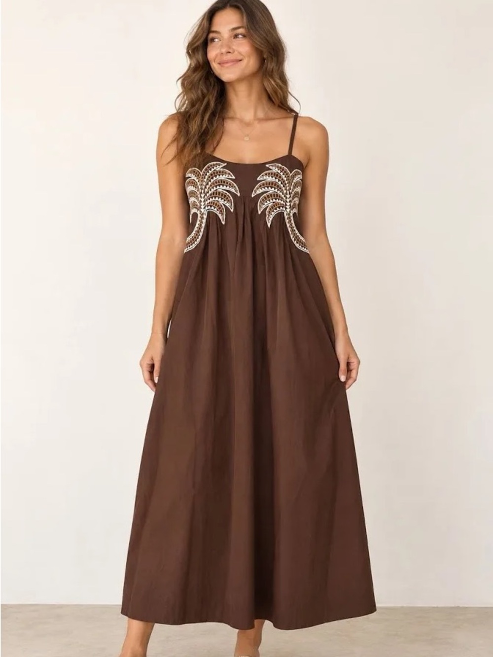 NWT Sim & Sam Palm Tree Embroidered Smocked Midi Dress Chocolate Brown L